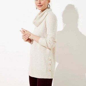 LOFT Cream Cowl Neck Sweater with Button Accents
